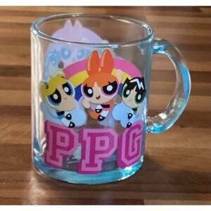 Power Puff Girls Clear Blue Glass Mug PPG Coffee Cartoon Holds 17.5 Ounces